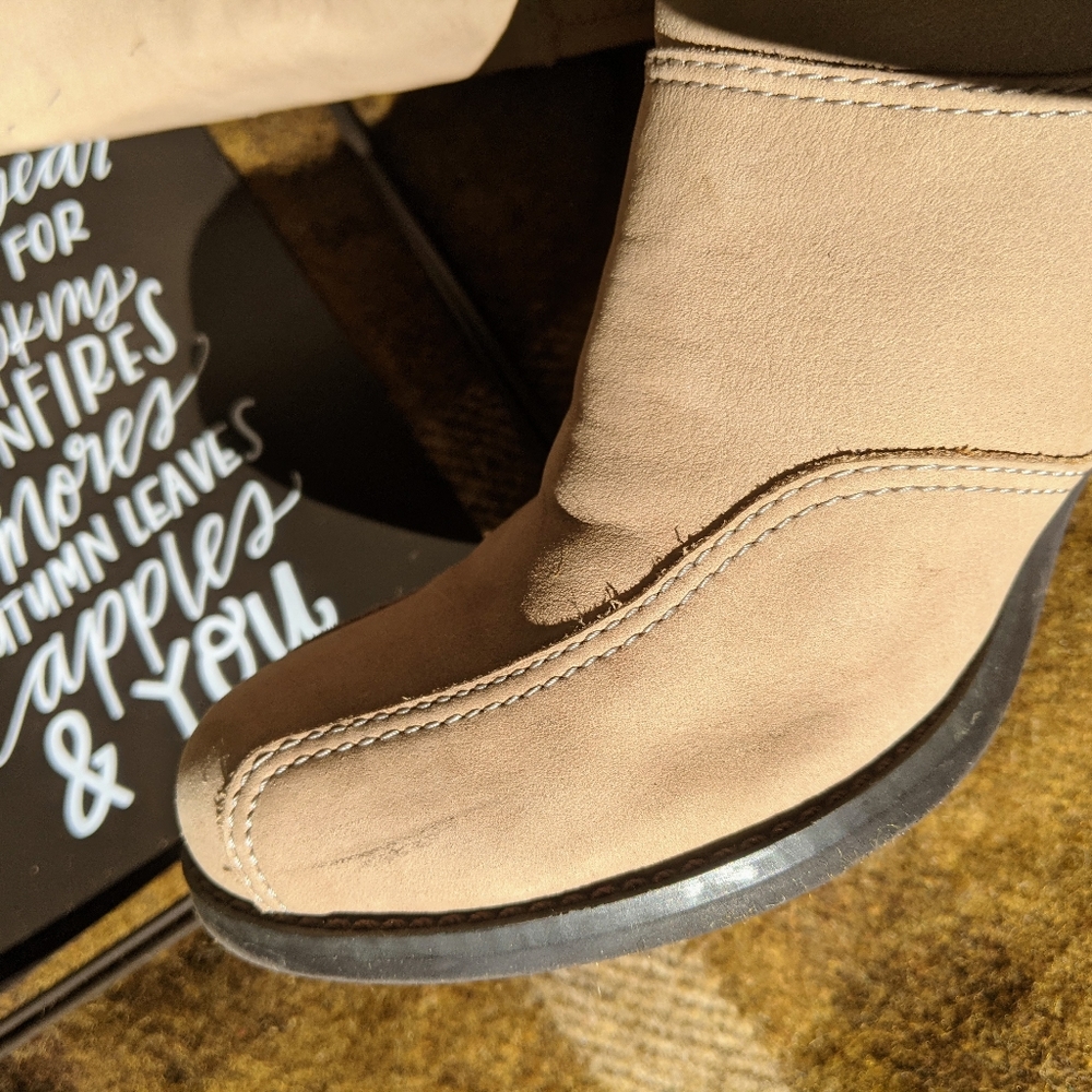 Natural Tan Cream Taupe Brushed Leather Suede High Heel Tall Fashion Boots 7.5 - Picture 7 of 15